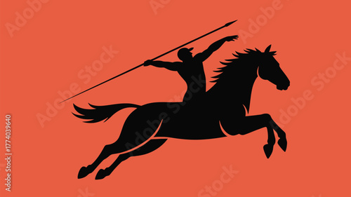 Dynamic silhouette of a warrior on horseback charging forward with spear raised, symbolizing power and determination against an orange background.