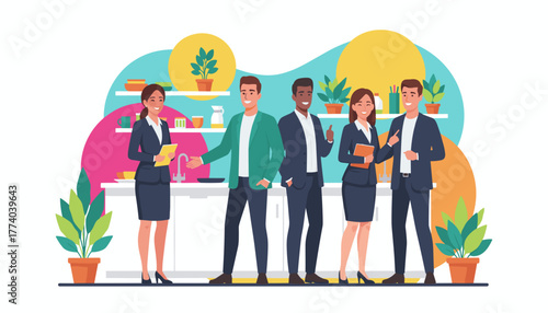 Happy diverse business team in an office break room promoting collaboration and success