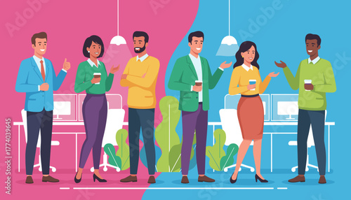 Diverse team communicating happily during a coffee break in a bright modern office illustration