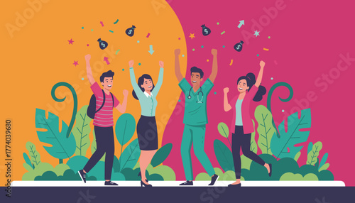 Diverse people celebrating career success and financial reward with money bags falling