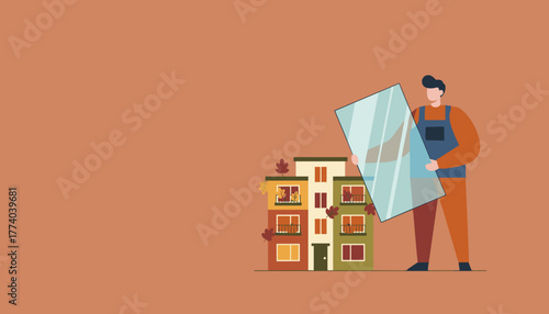 Professional installer holding large glass panel next to apartment building during fall home maintenance