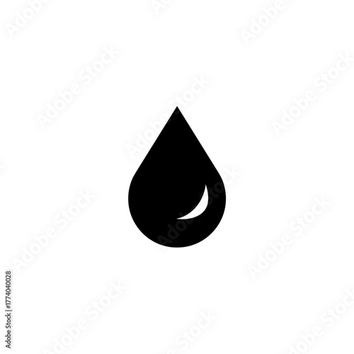 Black water drop symbol with crescent cutout on white background representing balance, purity, and creative minimalism