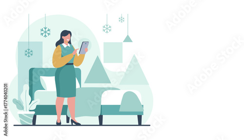 Woman using tablet in a modern hotel room Concept for winter travel booking or lifestyle technology