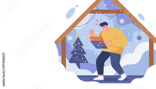 Angry worker stresses over data on a laptop in a cozy winter setting with a Christmas tree