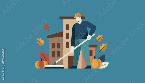 Seasonal cleanup Worker sweeping autumn leaves and pumpkins in a city setting