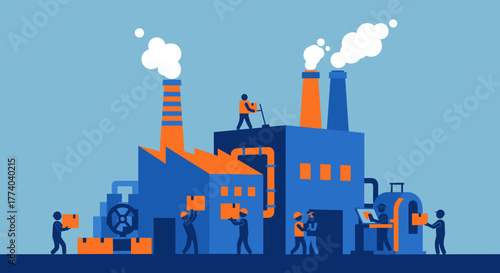 Busy factory and industrial workers managing production logistics and supply chain