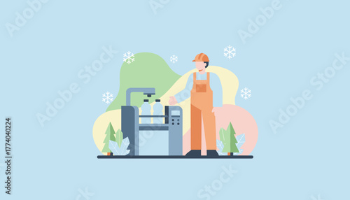 Worker processes bottled water using machinery in a pristine natural resource and winter industry setting
