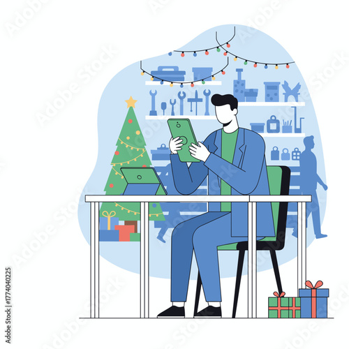 Man managing retail business and gifts online in a store decorated for Christmas using a digital tablet