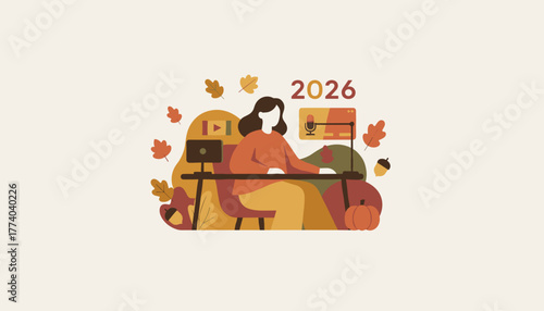 Female freelancer creating content podcastvideo digitally at a desk autumn 2026 concept
