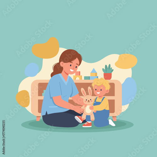 Caregiver helps a happy child play with a toy rabbit in a nursery setting Childhood development