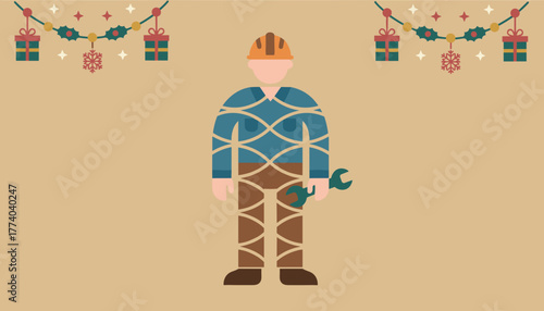 Essential worker in hardhat holds wrench under festive Christmas decorations