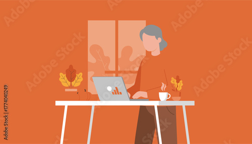 Senior woman working remotely on laptop at home office desk with autumn decor flat vector illustration