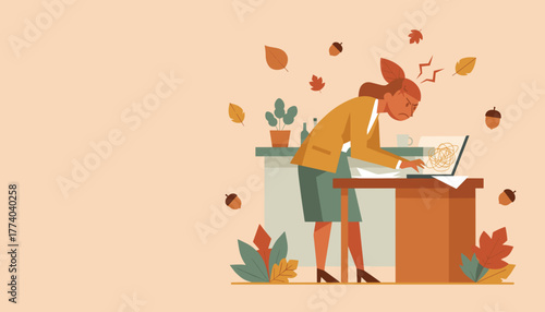 Angry businesswoman frustrated by technology and work overload at her desk