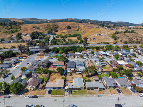 Historic residential buildings aerial view on 6th Street in historic town center of San Juan Bautista, San Benito County, California CA, USA. 