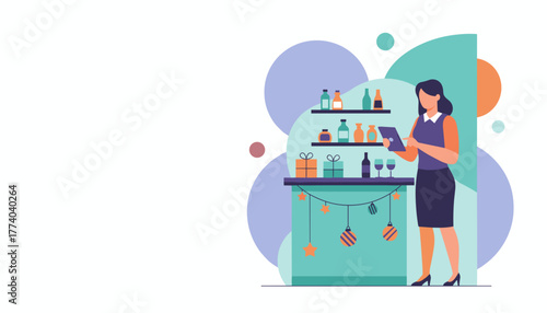 Woman managing festive bar inventory with a digital tablet modern service illustration