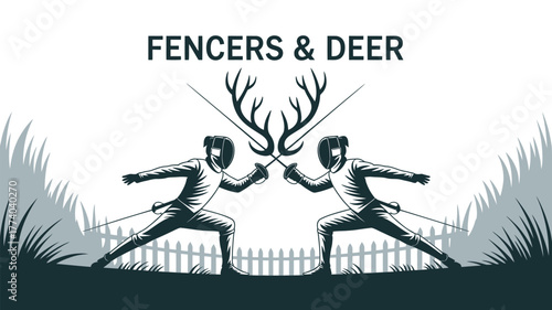 Dynamic fencing duel with antler symbol, perfect for sports branding, athletic apparel, or unique logo design needs