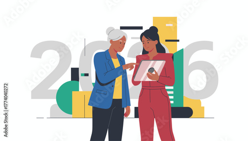 Intergenerational business colleagues plan the future 2026 using technology