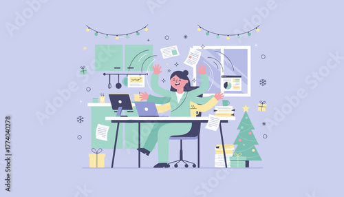 Multitasking woman happily working at home during the Christmas holiday rush managing stress and tasks