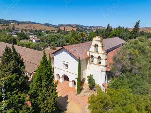 Mission San Juan Bautista aerial view at 406 2nd Street in historic town center of San Juan Bautista, San Benito County, California CA, USA. 
