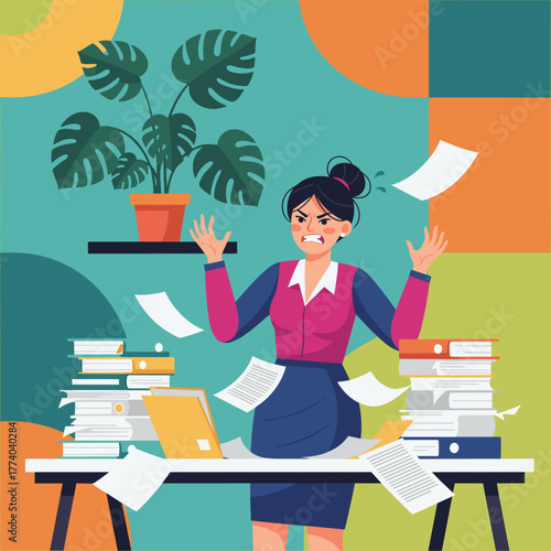 Stressed worker overwhelmed by excessive workload and flying paperwork Business burnout concept