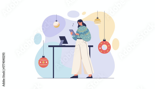 Exhausted female worker suffering from holiday burnout while using a digital tablet