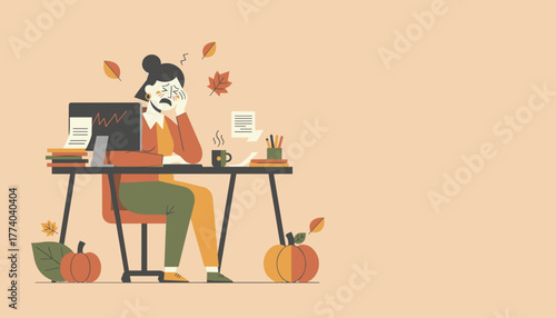 Autumn work stress Burnout woman struggling with deadlines at her office desk