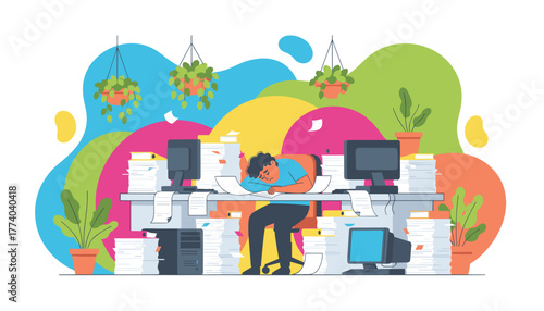 Stressed worker buried in paperwork sleeps on desk symbolizing overwork and job burnout