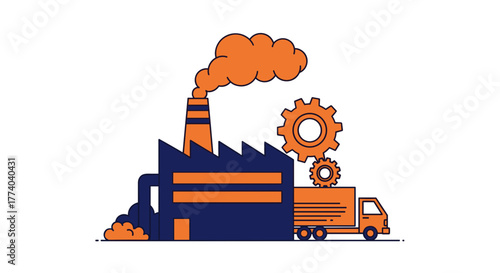 Industrial factory production supply chain and pollution graphic on white