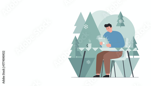 Man using a tablet outdoors in a cozy winter setting with pine trees and snow Remote work concept
