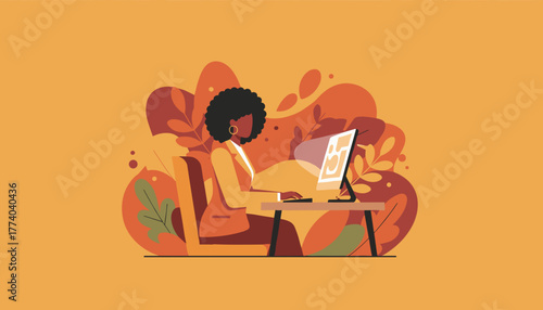 Black woman professional uses desktop computer in warm abstract environment