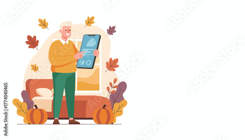 Elderly man smiles while using a smartphone in a cozy autumnthemed living room setting
