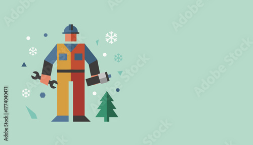 Flat geometric worker illustration with tools hard hat and winter snowflakes Industry service background