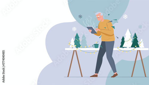 Frustrated senior man struggling with a tablet near Christmas decorations Digital literacy issue
