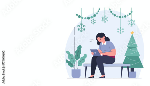 Stressed woman working on a tablet during the holidays experiencing seasonal burnout or overload