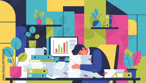 Overwhelmed employee sleeping on a desk buried in paperwork Business burnout and stress