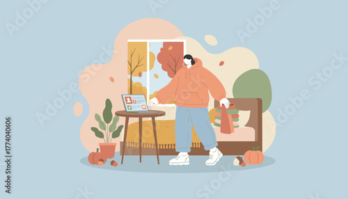 A person works remotely on a laptop in a cozy autumnal home environment symbolizing comfort and productivity