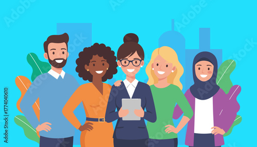 Diverse team of professionals smiling against a city backdrop Inclusion collaboration and modern business