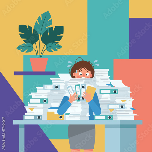 Businesswoman buried in paperwork chaos overwhelmed by extreme workload and office stress
