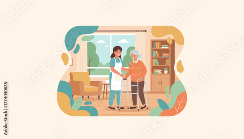 Caregiver assists smiling senior woman with a walker in a comfortable home setting