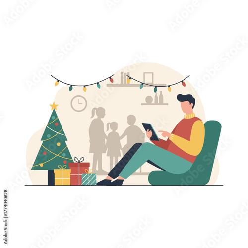 Man relaxes with tablet by a Christmas tree enjoying a digital Christmas connection