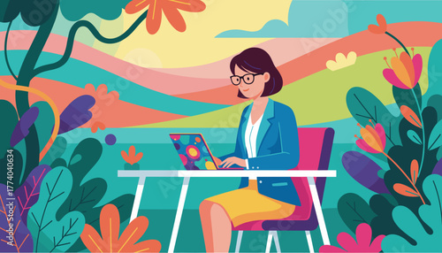 Happy businesswoman working remotely on a laptop amidst vibrant nature and green hills