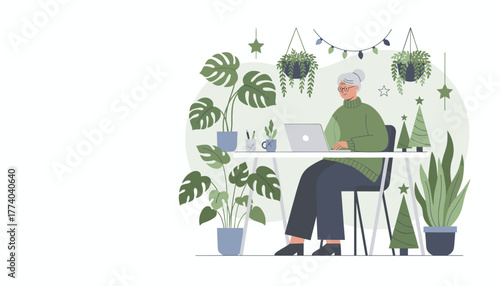 Cozy remote work Senior woman uses laptop surrounded by plants and Christmas decorations