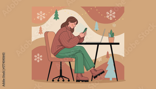 Girl using phone while working remotely during winter holidays Cozy modern illustration