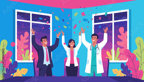 Diverse professionals celebrating triumph Teamwork success and achievement concept Vector illustration