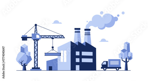 Industrial complex illustration factory crane truck and smokestacks Manufacturing construction and logistics