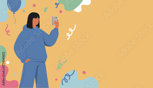 Woman taking selfie with phone surrounded by festive balloons and confetti