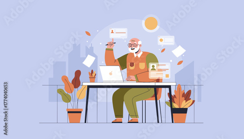 Successful senior professional working remotely on laptop Active retirement and smart technology