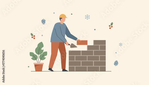 Mason building brick wall with trowel Winter construction or renovation concept illustration