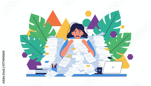 Stressed employee buried under a mountain of papers Heavy workload burnout and office deadline pressure
