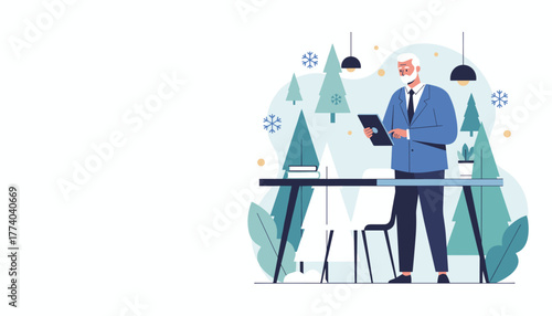 Senior businessman working on tablet in a winter landscape office Holiday business concept
